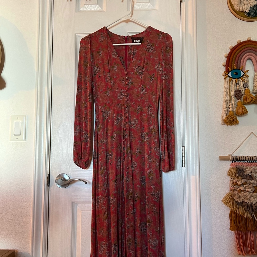 Reformation Red Floral Long Sleeve Dress